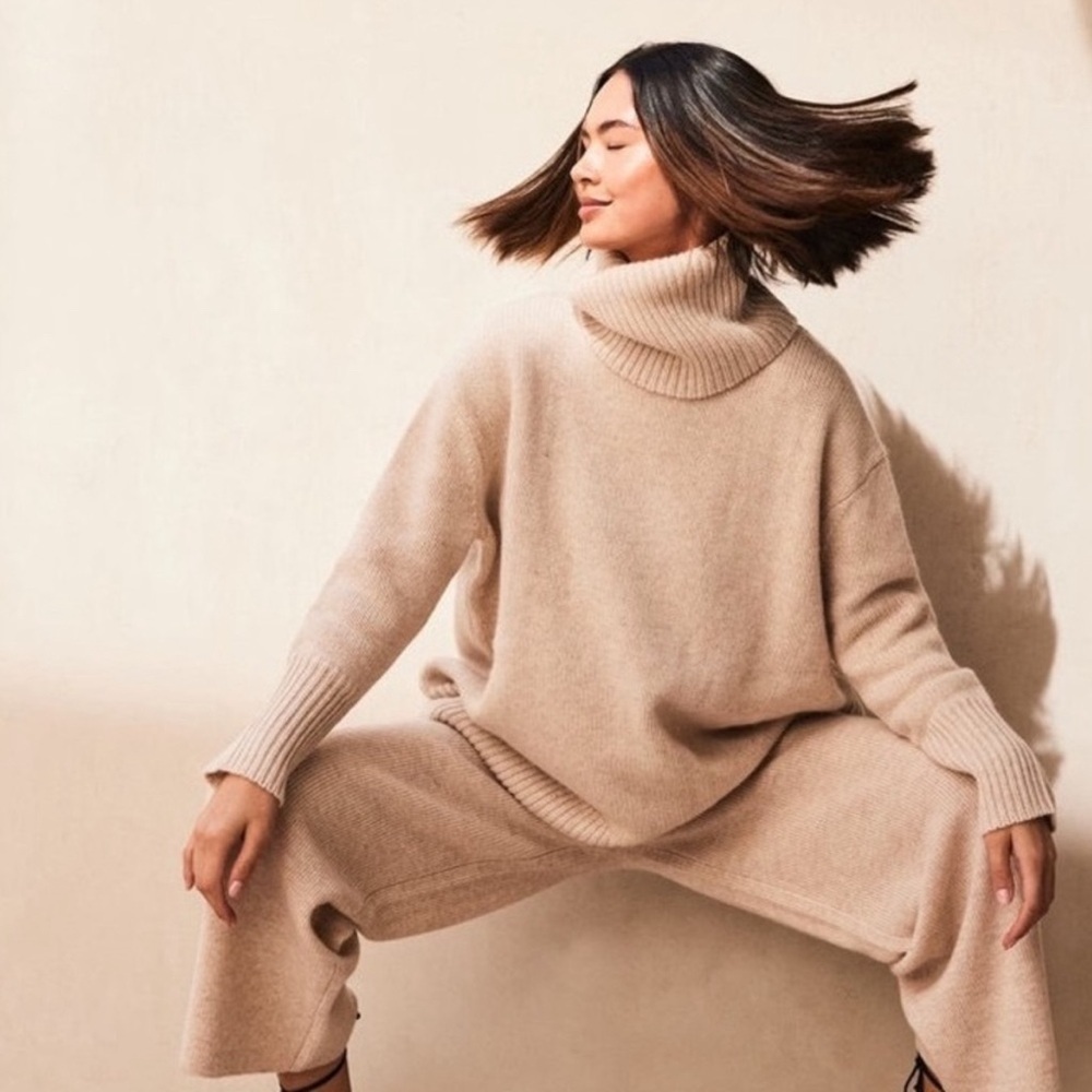 Cult Gaia Venice Tan Cashmere Blend Knit Turtleneck Long Sleeve Sweater Size S
